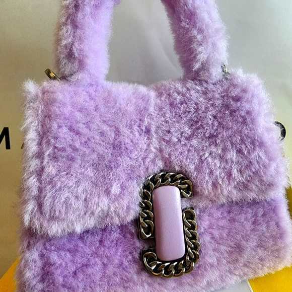 $400 purple teddy furry heavy silver metal chain crossbody satchel bag